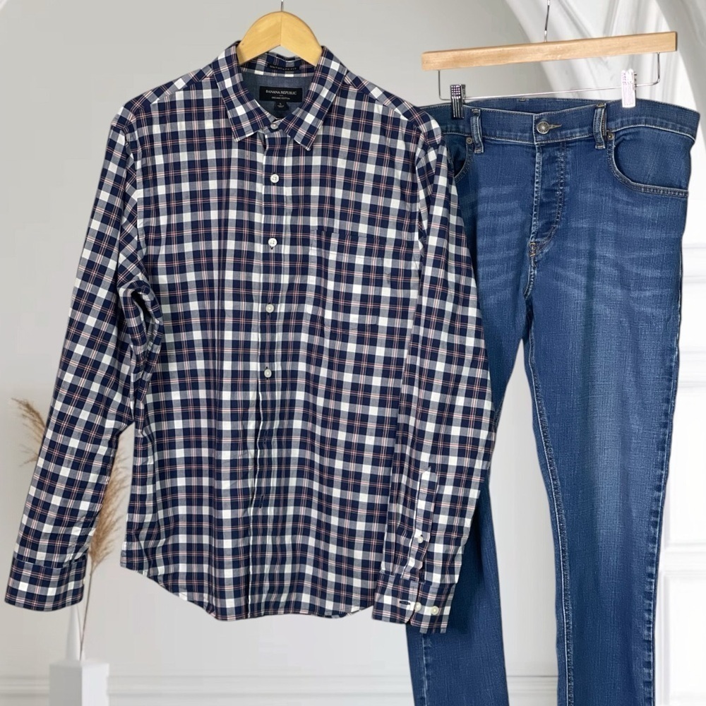 Banana Republic factory Organic Cotton untucked Fit Blue plaid shirt L - Picture 7 of 7